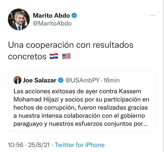Mario Abdo Benítez posteó el agradecimiento en su cuenta de Twitter.