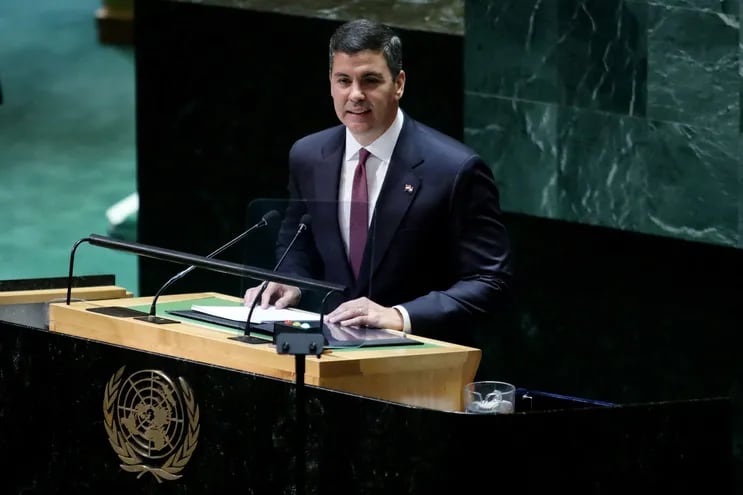 Santiago Peña ante la ONU.  (Photo by Leonardo Munoz / AFP)