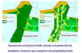 Imagen satelital de la Estancia Pindó, deforestada brutalmente por invasores. El Infona amplió la denuncia realizada en 2018, luego de la cual siguió tranquilamente el cambio de uso de la tierra.