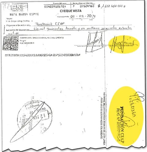 Cheque N° 7524980 a cargo del  BNF efectivizado por Paulino Paulino de los Santos Recalde.