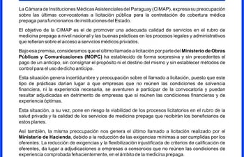 Comunicado de CIMAP donde manifiestan preocupación por los procesos licitatorios
