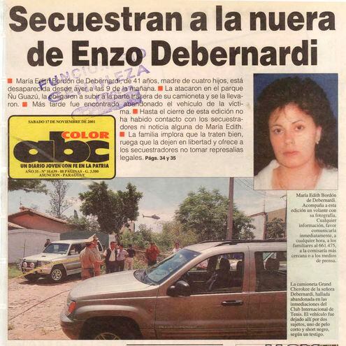 Tapa de ABC Color del 17 de noviembre de 2001, sobre el secuestro de María Edith Bordón de Debernardi, ocurrido un día como hoy, hace 20 años.