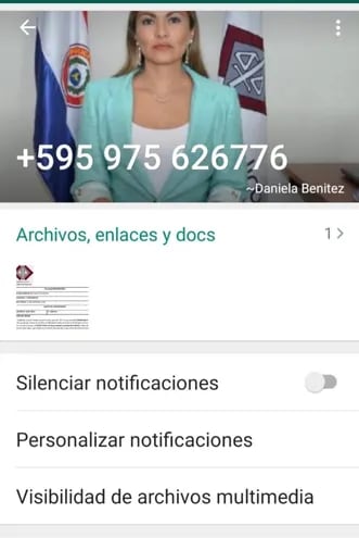 El perfil en la aplicación de mensajería, en el que una persona exige dinero haciéndose pasar por la fiscala Daniela Benítez, quien ya denunció el hecho.