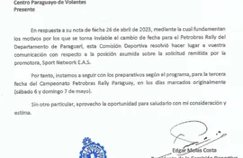 Respuesta del Touring Club al Centro Paraguayo de Volantes sobre el pedido realizado por la Promotora Sport Network.