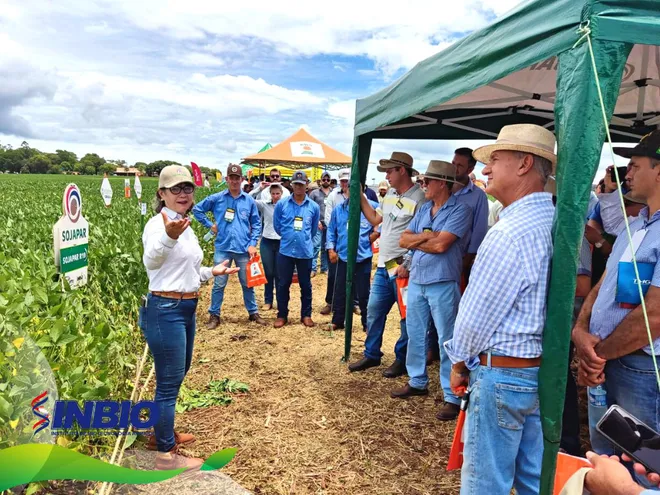 La Ing. Estela Ojeda, gerente general  del Inbio, mostrando las variedades Sojapar a productores brasileños.