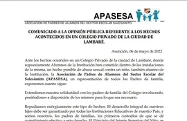 La APASESA del Salesianito se pronunció a través de un comunicado sobre el caso de abuso sexual acontecido en un colegio privado de Lambaré.