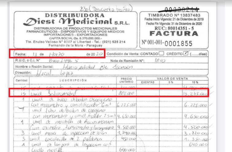 Factura que demuestra la compra de saturómetros el 13 de marzo del año pasado, apenas dos días después de la declaración de emergencia sanitaria por el COVID-19 en Paraguay.