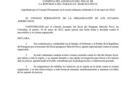 Declaración aprobada hoy por el Consejo de la OEA, sobre el asesinato de Marcelo Pecci.