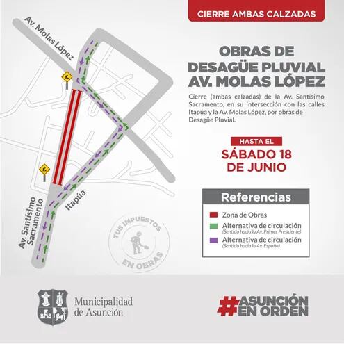 La avenida Sacramento estará clausurada hasta el sábado 18 de junio, según informó la Municipalidad de Asunción.