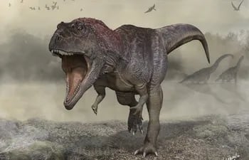 Representación artística del Meraxes gigas, una nueva especie de dinosaurio con brazos diminutos y unas cuatro toneladas de peso hallado en la Patagonia argentina.