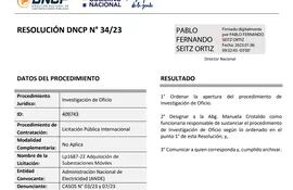 Documento de DNCP, en el que ordena investigar de oficio licitación adjudicada a Barrail Hnos S.A. de Construcciones.