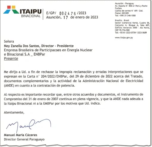 La nota de respuesta del director paraguayo de Itaipú a la presidenta de ENBPar, del Brasil.
