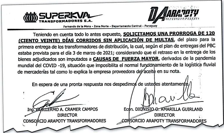 El pedido de prórroga del Consorcio Arapoty firmado por el exsenador Dionisio Amarilla.