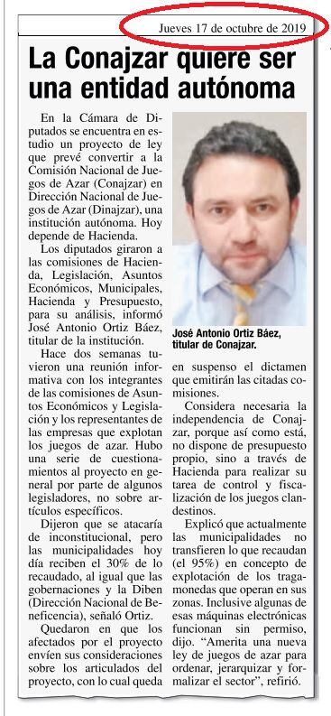 Publicación de ABC Color del 2019, ocasión que José Ortiz de Conajzar defiende su proyecto de ley.