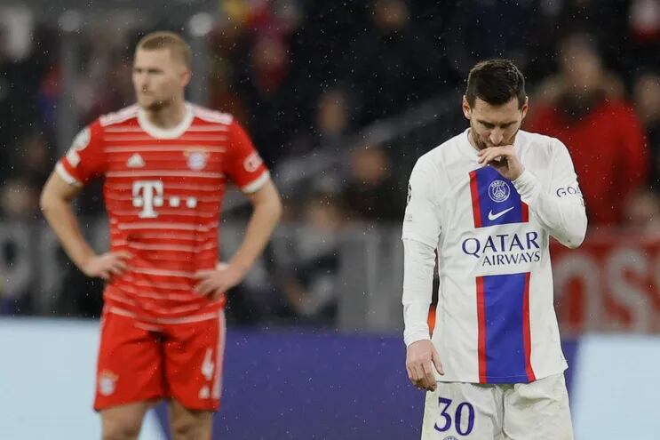 Lionel Messi del Paris Saint-Germain reacciona durante el partido de octavos de final de la Liga de Campeones de la UEFA entre el Bayern de Múnich y el Paris Saint-Germain en Múnich, Alemania, el 08 de marzo de 2023. (Liga de Campeones, Alemania).