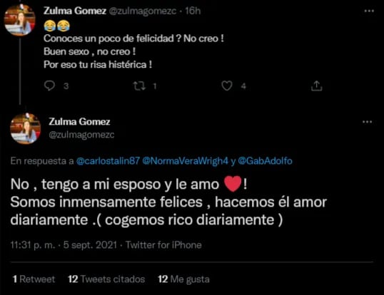 Respuestas poco decorosas de la senadora Zulma Gómez en Twitter.