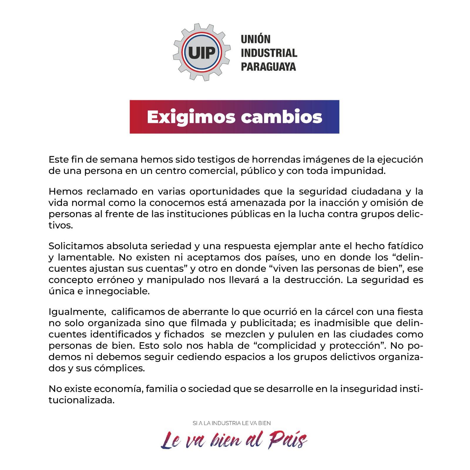 Comunicado de la Unión Industrial del Paraguay sobre sicariato de Ederson Salinas Ryguasu