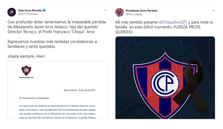 Los principales referentes del deporte y fanáticos del Club Cerro Porteño expresaron sus condolencias al DT Chiqui Arce, tras el fallecimiento de su hijo.
