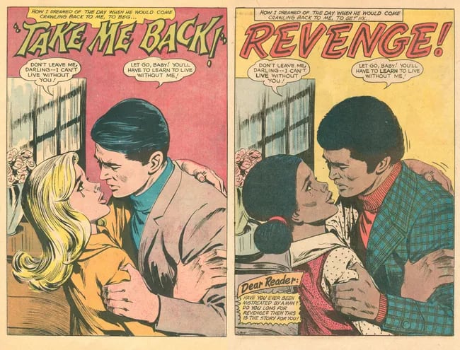 A la izquierda, primera página de "Take Me Back!" (1967); a la derecha, primera página de "Revenge!" (1972).