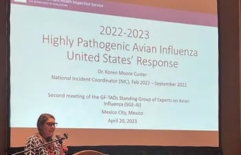 Una expositora de la segunda reunión del “Grupo permanente de expertos en influenza aviar”, realizado en México, desde el miércoles pasado hasta el viernes último.