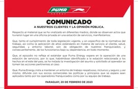 El comunicado de Puma Energy.