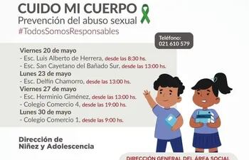 Flyer de la Municipalidad de Asunción sobre las charlas previstas contra el abuso sexual infantil.