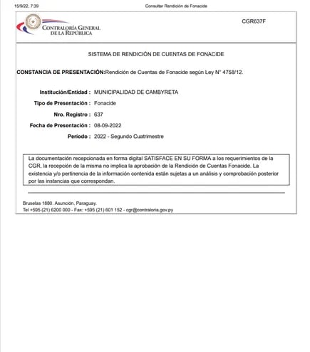 Certificado de la CGR de la presentación de rendición de cuentas realizada en septiembre del 2022 por el ex intendente Javier Pereira y actual candidato a gobernador de Itapúa por la Concertación Itapúa en Marcha.
