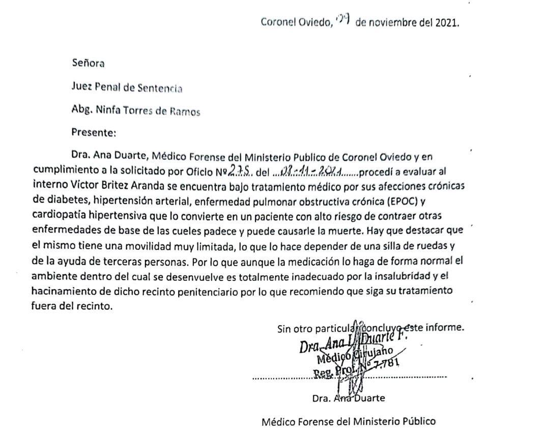 El informe médico presentado por la Dra. Ana Duarte, del Ministerio Público, ante la jueza Ninfa Torres.