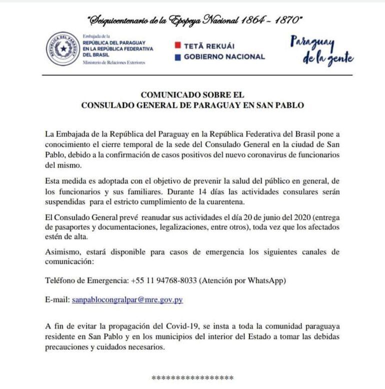 Cierran sede de consulado paraguayo en San Pablo por casos de ...