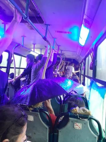 Pasajera usa paraguas dentro del bus.