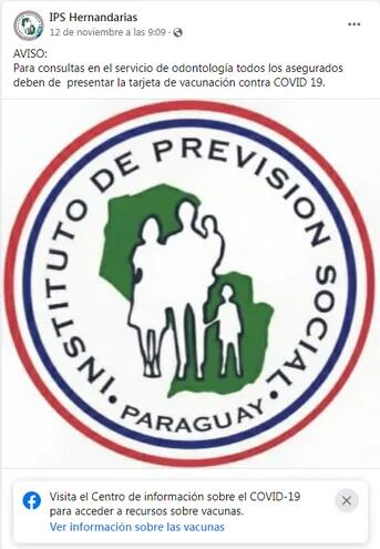 La exigencia de la tarjeta de vacunación fue publicada en la cuenta de IPS de Hernandarias en Facebook.