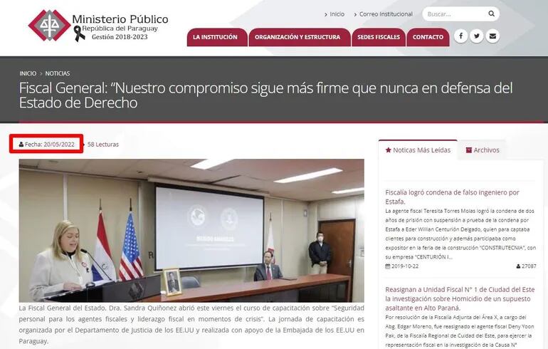 Página web del Ministerio Público en la que se ve que Sandra Quiñones retornó a sus actividades.