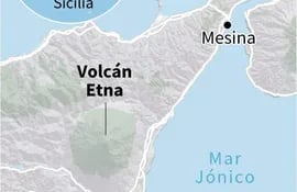 Mapa del nordeste de la isla italiana de Sicilia en que se ubica el volcán Etna.