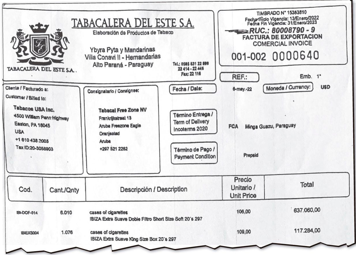 La factura de cigarrillos emitida por Tabesa para otra empresa del grupo Cartes.