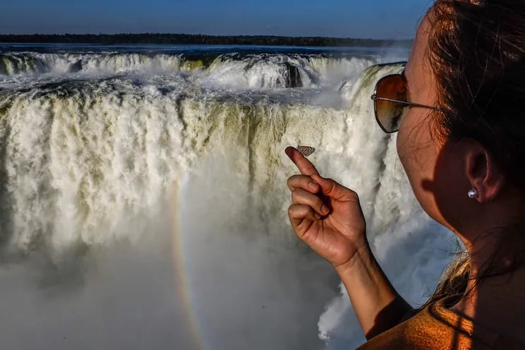 Una persona sostiene una mariposa con las cataratas del Iguazú de fondo en el Parque Nacional del Iguazú hoy, en Puerto Iguazú (Argentina). Las imponentes Cataratas del Iguazú, reconocidas como Patrimonio de la Humanidad y una de las siete maravillas naturales del planeta, se convierten por estos días en el telón de fondo de privilegio de la LXII cumbre de jefes de Estado del Mercosur.