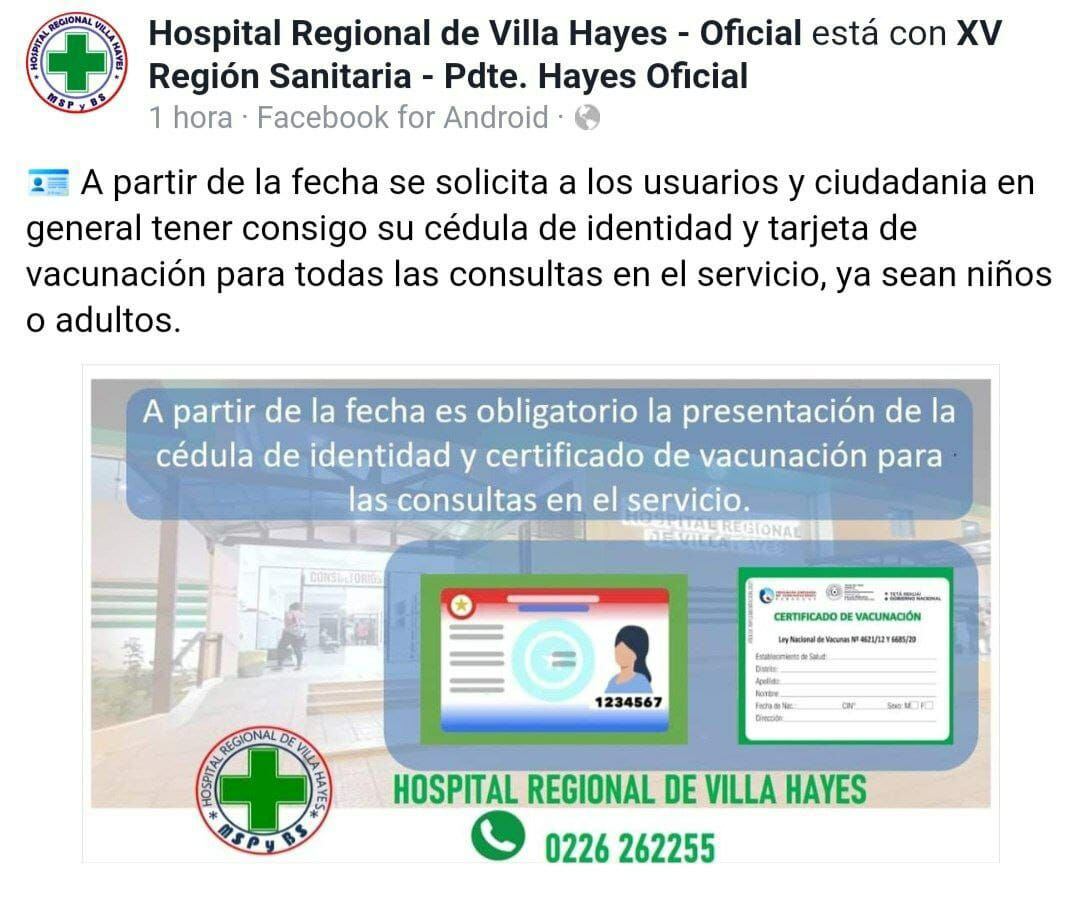 Publicación del Hospital Regional de Villa Hayes en el que se obliga la presentación de cédula y certificado de vacunación