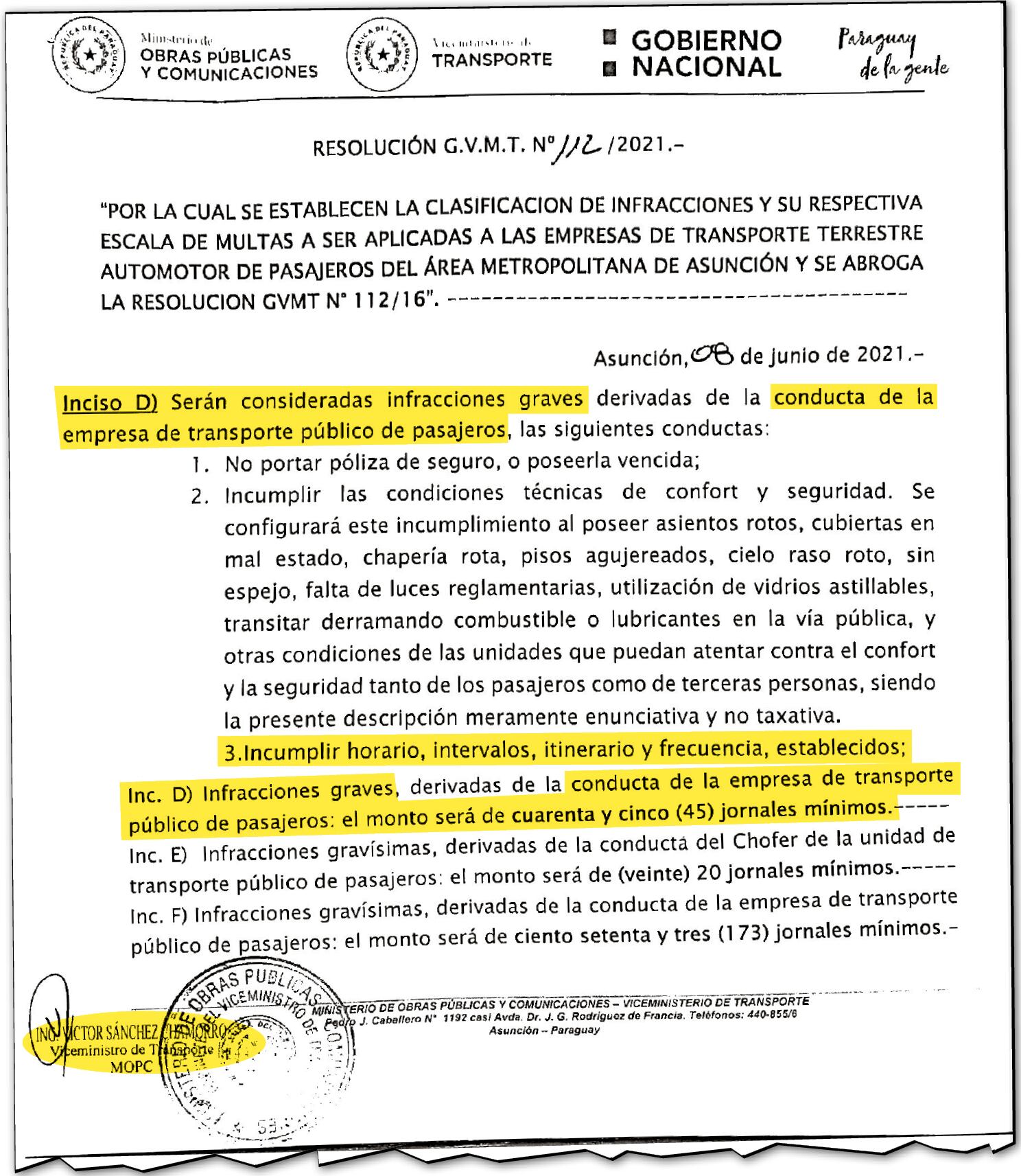 Facsímil de la Resolución N° 112/2021 de Víctor Sánchez, en la que clasificó como falta grave el incumplimiento de frecuencias, y la sanción es de 45 jornales mínimos.