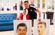 Cristiano Ronaldo abrazando a la artista iraní Fátima Hamami tras recibir los cuadros que le obsequió.