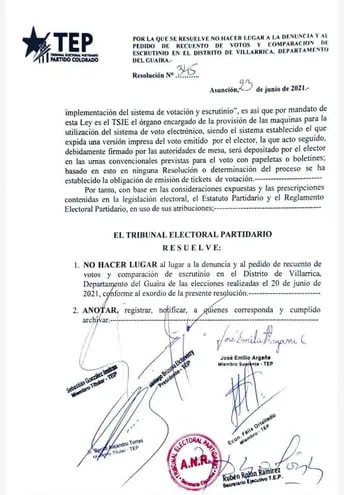 Resolución por la cual el TREP no hace lugar a la denuncia y pedido de recuento de votos en Villarrica.