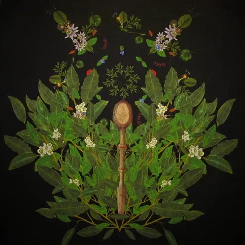 La yerba maye en flor es el leiv motiv de esta primera muestra de obras de Simona Murialdo en Paraguay.