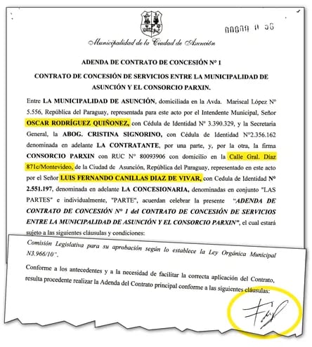Se puede ver la firma de Federico Mora, jefe de Gabinete del intendente asunceno Óscar Nenecho Rodríguez.
También la dirección de Edivi SA que es General Diaz 871 casi Montevideo.
