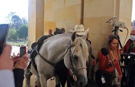 El senador Alirio Barrera mientras  ingresar con un caballo al Congreso en Bogotá (Colombia).  (EFE)