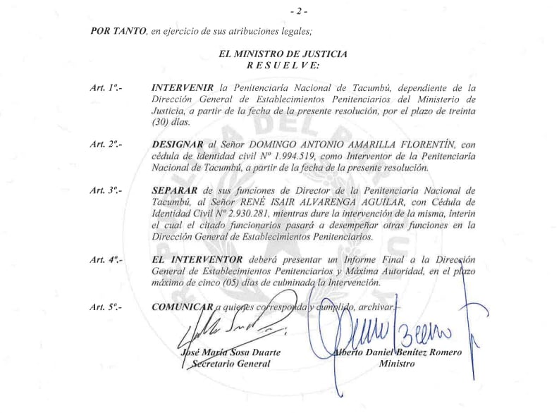 Resolución del Ministerio de Justicia, sobre fuga en Tacumbú.