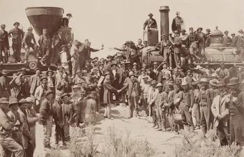 Ceremonia del Golden Spike (Clavo de Oro) al terminar la construcción de la primera vía férrea transcontinental de Estados Unidos. Promontory, Utah,10 de mayo de 1869