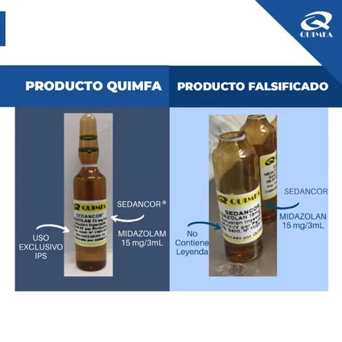 Diferencias entre la ampolla producida por Quimfa y la falsificada.