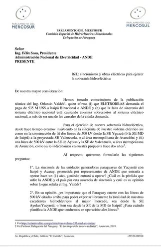 La copia de la nota remitida por el Ing. Ricardo Canese al titular de la ANDE, Ing. Félix Sosa.