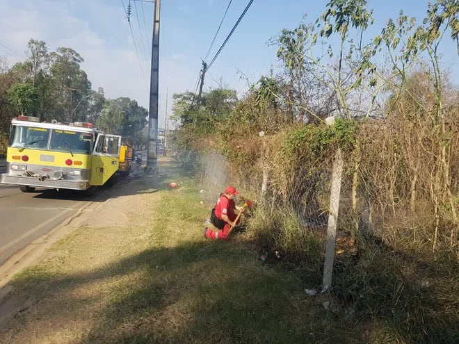 Un bombero voluntario trabajando para poder controlar el fuego, que finalmente logró ser aplacado.