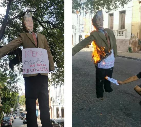 Los obreros decidieron quemar un muñeco del parlamentario Enrique Riera.