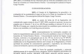 Resolución del Consejo de la Magistratura con la terna de candidatos a juez de garantías para Tomás Romero Pereira. Uno de ellos fue juez en San Pedro del Paraná, otro fue fiscal en Encarnación.