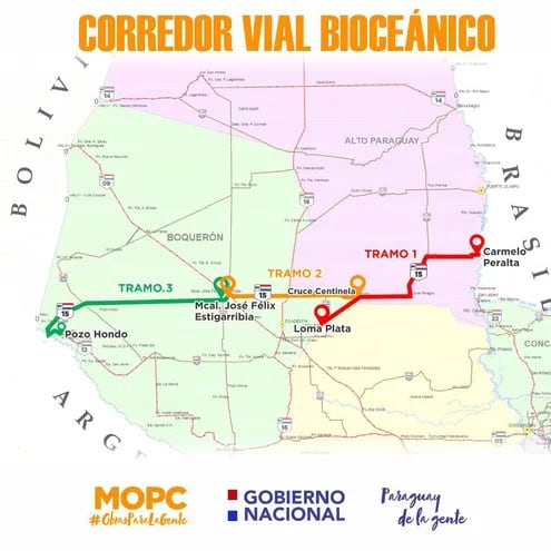 Mapa de las obras del Corredor Bioceánico en su paso por Paraguay.